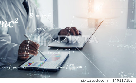 A man in a white coat working in an office and the concept of science and technology A man in a white coat working in an office and the concept of science and technology 140117195