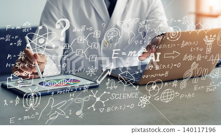 A man in a white coat working in an office and the concept of science and technology A man in a white coat working in an office and the concept of science and technology 140117196