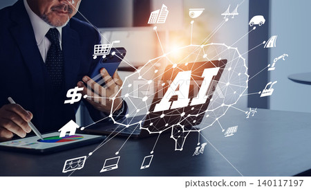 A man working in an office and the concept of AI technology A man working in an office and the concept of AI technology 140117197