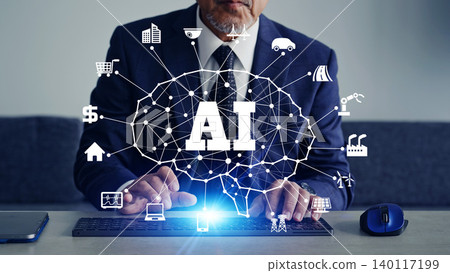 A man working in an office and the concept of an AI network A man working in an office and the concept of an AI network 140117199
