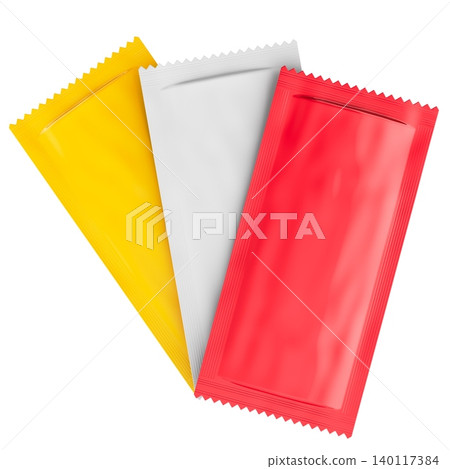 Blank condiment sauce sachets for ketchup, mayonnaise and mustard. 3D rendering 140117384