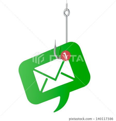 Email phishing message on fishing hook. Phishing scam, 3d rendering 140117386