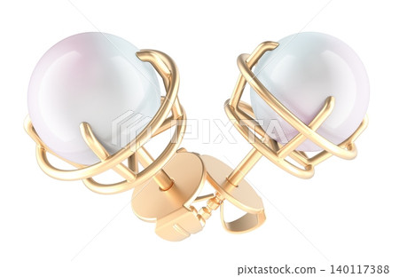 Gold pearl earrings with white round pearls. 3D rendering 140117388