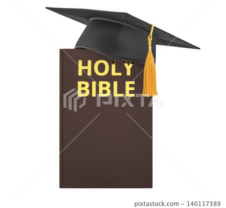 Holy Bible book with graduation cap. 3D rendering Holy Bible book with graduation cap. 3D rendering 140117389