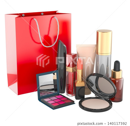 Makeup products with red shopping bag. 3D rendering 140117392