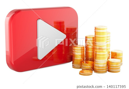Play button with coin stacks. Video monetization and online income, concept. 3d rendering 140117395