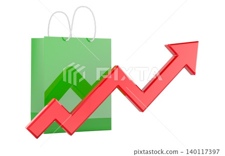 Shopping bag with red upward arrow showing retail sales growth, 3d rendering Shopping bag with red upward arrow showing retail sales growth, 3d rendering 140117397