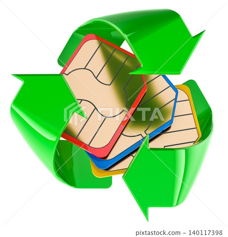 SIM cards with green recycling arrows, recycling concept. 3D rendering 140117398