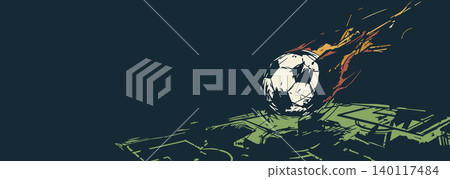 Soccer ball meteorite crashed into the soccer field linocut style with blue background have blank space. Soccer ball meteorite crashed into the soccer field linocut style with blue background have blank space. 140117484