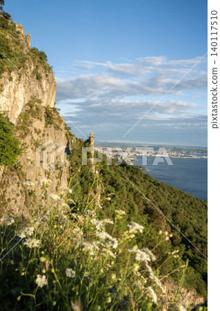 Aerial View Of Trieste City Harbour From Napoleonica Hiking Trail - Famous Climbing Bouldering Area, Gulf Of Trieste Adriatic Italy, Panoramic Karst Hillside Overlook 140117510