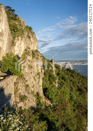 Aerial View Of Trieste City Harbour From Napoleonica Hiking Trail - Famous Climbing Bouldering Area, Gulf Of Trieste Adriatic Italy, Panoramic Karst Hillside Overlook 140117514