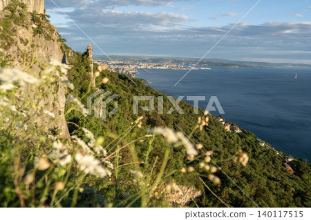 Aerial View Of Trieste City Harbour From Napoleonica Hiking Trail - Famous Climbing Bouldering Area, Gulf Of Trieste Adriatic Italy, Panoramic Karst Hillside Overlook Aerial View Of Trieste City Harbour From Napoleonica Hiking Trail - Famous Climbing Bouldering Area, Gulf Of Trieste Adriatic Italy, Panoramic Karst Hillside Overlook 140117515