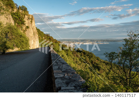 Aerial View Of Trieste City Harbour From Napoleonica Hiking Trail - Famous Climbing Bouldering Area, Gulf Of Trieste Adriatic Italy, Panoramic Karst Hillside Overlook 140117517
