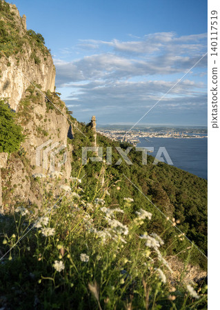 Aerial View Of Trieste City Harbour From Napoleonica Hiking Trail - Famous Climbing Bouldering Area, Gulf Of Trieste Adriatic Italy, Panoramic Karst Hillside Overlook Aerial View Of Trieste City Harbour From Napoleonica Hiking Trail - Famous Climbing Bouldering Area, Gulf Of Trieste Adriatic Italy, Panoramic Karst Hillside Overlook 140117519