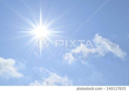 Blue sky and sun, direct sunlight, free space image Blue sky and sun, direct sunlight, free space image 140117635