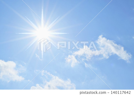 Blue sky and sun, direct sunlight, free space image Blue sky and sun, direct sunlight, free space image 140117642