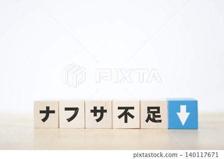 石腦油短缺。石油衍生產品短缺。向下箭頭。木塊。白色背景。 石腦油短缺。石油衍生產品短缺。向下箭頭。木塊。白色背景。 140117671