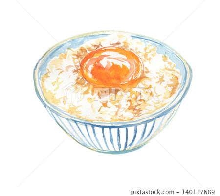 Watercolor illustration of rice with a raw egg on top Watercolor illustration of rice with a raw egg on top 140117689