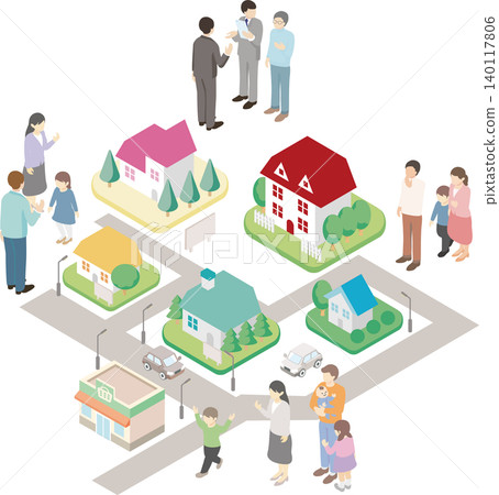 Isometric illustration of people, houses, and families (real estate, new life, moving, streetscape, lifestyle) Isometric illustration of people, houses, and families (real estate, new life, moving, streetscape, lifestyle) 140117806