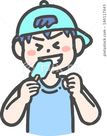 A boy eating an ice pop with a smile. A boy eating an ice pop with a smile. 140117843