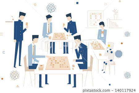 Junior and senior high school students playing shogi against an AI robot in a shogi club. Junior and senior high school students playing shogi against an AI robot in a shogi club. 140117924