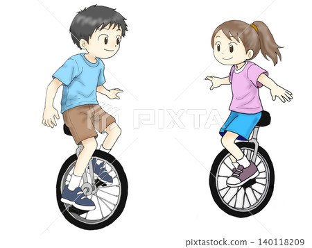 一男一女騎獨輪車；兒童體育活動插圖。 140118209
