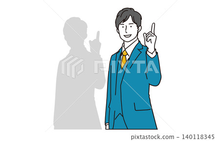 一位身姿傾斜、手指向上指的商人。 一位身姿傾斜、手指向上指的商人。 140118345