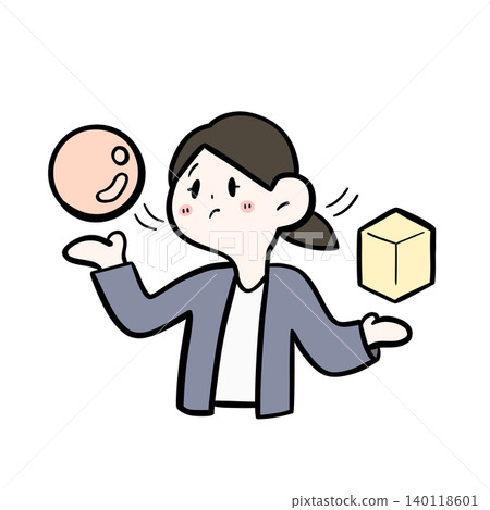 An illustration of a female office worker comparing and weighing things with both hands. An illustration of a female office worker comparing and weighing things with both hands. 140118601