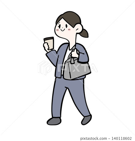 Illustration of a female office worker walking with a bag and coffee | Commuting to work/going out Illustration of a female office worker walking with a bag and coffee | Commuting to work/going out 140118602
