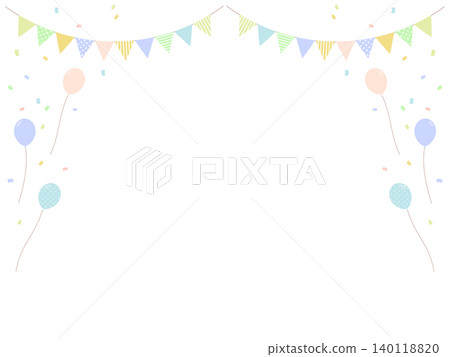 A cheerful frame background illustration featuring a garland in soft pastel colors, confetti, and balloons. A cheerful frame background illustration featuring a garland in soft pastel colors, confetti, and balloons. 140118820
