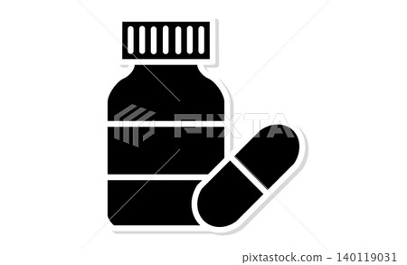 Hospital and pharmacy pictograms: Easy-to-understand monochrome icons of medicine bottles and capsules. 140119031