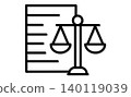 律師事務所專用象形圖：易於理解的單色圖標，包括天秤和法律紙。 140119039