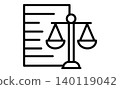 律師事務所專用象形圖：易於理解的單色圖標，包括天秤和法律紙。 140119042