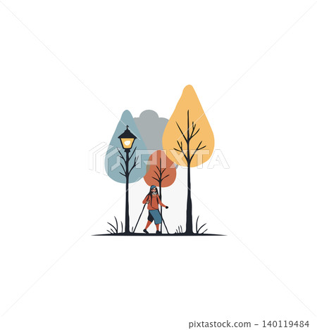 A lone hiker walks through a park filled with trees illuminated by an old-fashioned lamppost. The autumn foliage adds a touch of color to the landscape, symbolizing a peaceful escape into nature and A lone hiker walks through a park filled with trees illuminated by an old-fashioned lamppost. The autumn foliage adds a touch of color to the landscape, symbolizing a peaceful escape into nature and 140119484