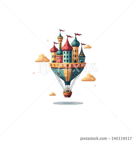 This whimsical image portrays a castle magically floating amongst the clouds, suspended by a vibrant hot air balloon. The art style is light and fanciful, suggesting a journey into a dreamlike world This whimsical image portrays a castle magically floating amongst the clouds, suspended by a vibrant hot air balloon. The art style is light and fanciful, suggesting a journey into a dreamlike world 140119517