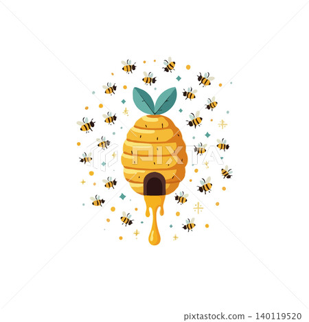 A delightful illustration featuring a stylized beehive with dripping honey, encircled by buzzing bees. The cheerful and inviting design evokes a sense of natural sweetness and the vital role of bees A delightful illustration featuring a stylized beehive with dripping honey, encircled by buzzing bees. The cheerful and inviting design evokes a sense of natural sweetness and the vital role of bees 140119520