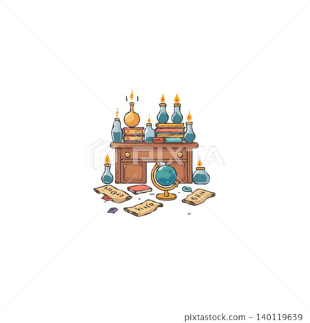 Delightful cartoon art features a wooden desk overflowing with peculiar alchemy bottles, a classic globe, and scattered parchment scrolls, evoking an atmosphere of scholarly pursuit, scientific Delightful cartoon art features a wooden desk overflowing with peculiar alchemy bottles, a classic globe, and scattered parchment scrolls, evoking an atmosphere of scholarly pursuit, scientific 140119639