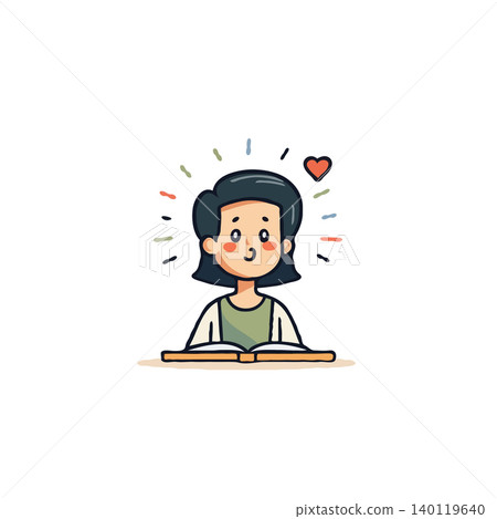 A charming cartoon illustration features a girl engrossed in a book, her face radiating joy and her head encircled by a bright halo of colors and a small heart illustration representing love and the A charming cartoon illustration features a girl engrossed in a book, her face radiating joy and her head encircled by a bright halo of colors and a small heart illustration representing love and the 140119640