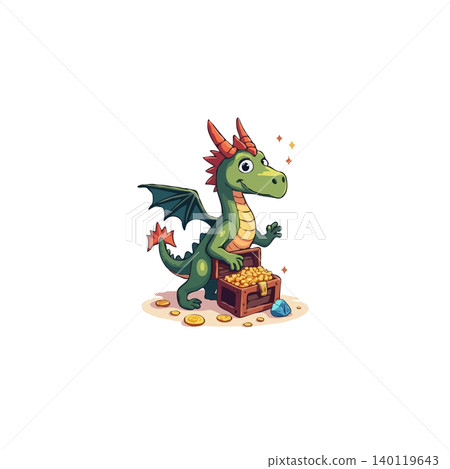 Adorable cartoon dragon guarding a treasure chest overflowing with gold coins. This whimsical illustration is perfect for children's books, fantasy-themed projects, and designs aiming to evoke a 140119643