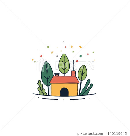 A whimsical illustration depicts a charming house enveloped by verdant trees, while a gentle shower of colorful confetti adds a playful touch. The scene evokes a sense of serenity, inviting viewers A whimsical illustration depicts a charming house enveloped by verdant trees, while a gentle shower of colorful confetti adds a playful touch. The scene evokes a sense of serenity, inviting viewers 140119645