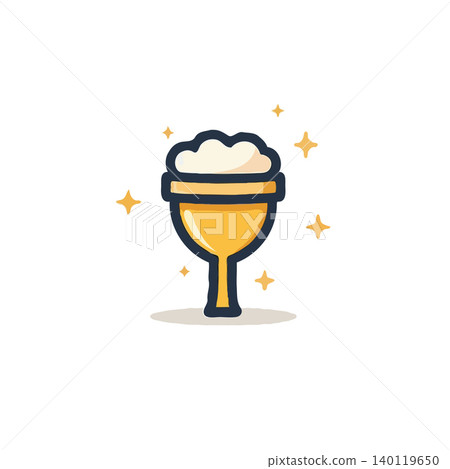 A charming cartoon illustration features a golden goblet overflowing with a frothy, creamy beverage. Sparkling stars surround the cup, adding an element of celebration and elegance. Ideal for A charming cartoon illustration features a golden goblet overflowing with a frothy, creamy beverage. Sparkling stars surround the cup, adding an element of celebration and elegance. Ideal for 140119650