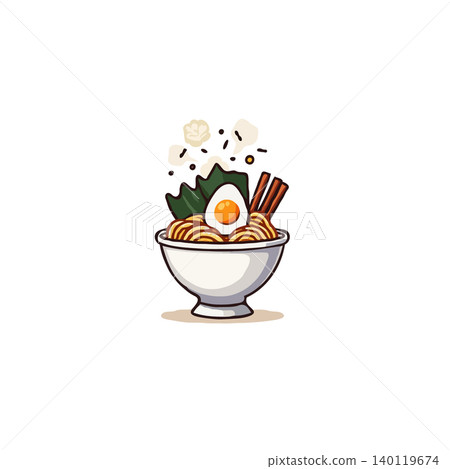 A charming vector illustration of a steaming bowl filled with noodles, featuring a perfectly cooked egg and assortment of colorful toppings. This delightful design is perfect for showcasing culinary A charming vector illustration of a steaming bowl filled with noodles, featuring a perfectly cooked egg and assortment of colorful toppings. This delightful design is perfect for showcasing culinary 140119674