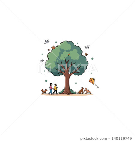 A heartwarming illustration captures children's innocent delight in a natural setting, accompanied by their furry friends, engaging in outdoor fun, with flying kite and birds in the sky, creating a A heartwarming illustration captures children's innocent delight in a natural setting, accompanied by their furry friends, engaging in outdoor fun, with flying kite and birds in the sky, creating a 140119749