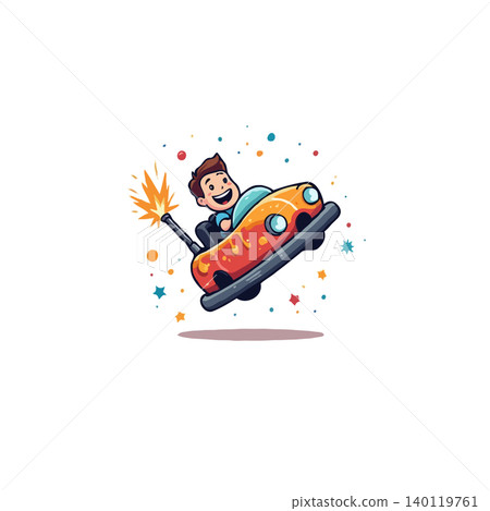 A cheerful cartoon boy joyfully rides a whimsical bumper car amidst a shower of stars. This lively image encapsulates the joy and energy of childhood amusement, perfect for conveying a sense of fun 140119761