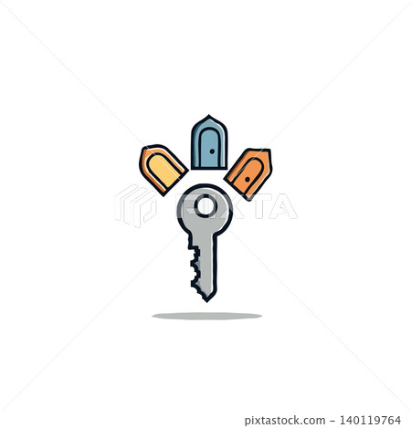 An illustrative emblem featuring a key positioned beneath an arrangement of doorways, symbolizes the unlocking of opportunities and decisions. It represents navigation through choices, illustrating An illustrative emblem featuring a key positioned beneath an arrangement of doorways, symbolizes the unlocking of opportunities and decisions. It represents navigation through choices, illustrating 140119764