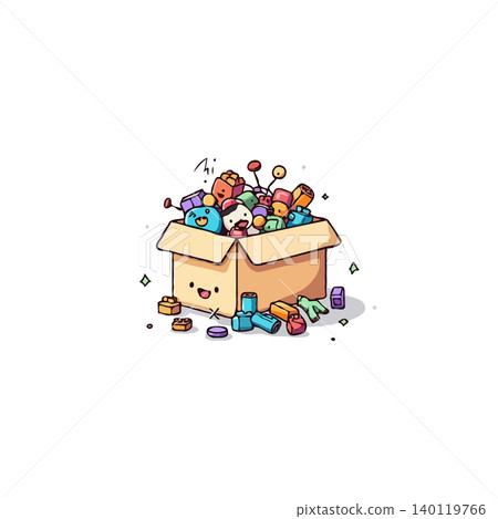 A box cheerfully smiles as it overflows with playful cartoon toys. Each colorful piece hints at the joyful chaos of childhood games, inviting viewers into a whimsical world of imagination and A box cheerfully smiles as it overflows with playful cartoon toys. Each colorful piece hints at the joyful chaos of childhood games, inviting viewers into a whimsical world of imagination and 140119766