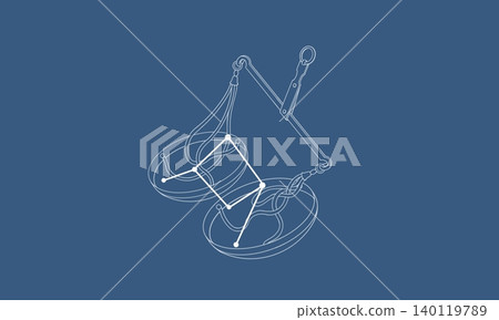 A line drawing illustration of the constellation Libra against a navy blue background (with a scale and constellation lines drawn in white). 140119789