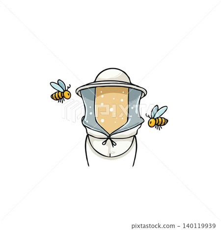 Stylized illustration of a beekeeper wearing protective gear, surrounded by buzzing bees. Created with simple lines and a clean vector style, the whimsical drawing evokes a lighthearted take on Stylized illustration of a beekeeper wearing protective gear, surrounded by buzzing bees. Created with simple lines and a clean vector style, the whimsical drawing evokes a lighthearted take on 140119939