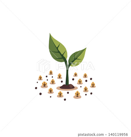 A delicate sprout emerges from the earth, symbolizing new beginnings and the potential for growth. This vibrant image captures the essence of hope and renewal in a stylized form, surrounded by tiny 140119956