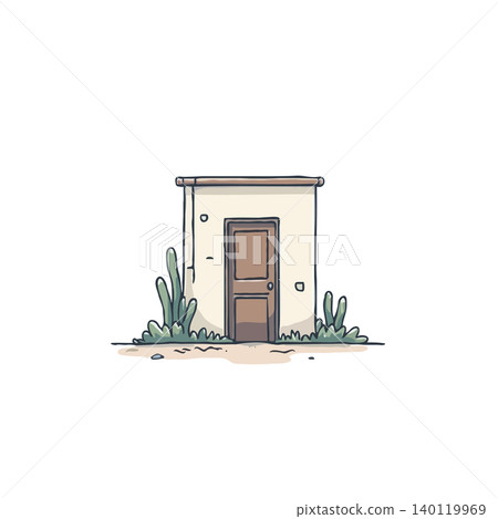 A simple yet charming illustration depicts a small adobe building with a rustic wooden door. Sparse desert shrubbery surrounds the base of the structure. The scene exudes a sense of peacefulness and A simple yet charming illustration depicts a small adobe building with a rustic wooden door. Sparse desert shrubbery surrounds the base of the structure. The scene exudes a sense of peacefulness and 140119969